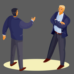 a man in a blue birdjack stands with his back and holds out his hand to greet the man, and he stands with his legs spread and arms crossed over his chest, dark background, separate layers, vector