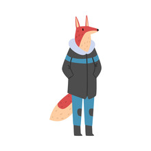 Fox Wearing Warm Jacket And Jeans, Humanized Forest Animal Character In Winter Clothes Cartoon Vector Illustration