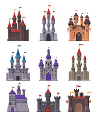 Sticker - Medieval Fairytale Castles Collection, Ancient Fortified Fortresses and Palaces with Towers Vector Illustration