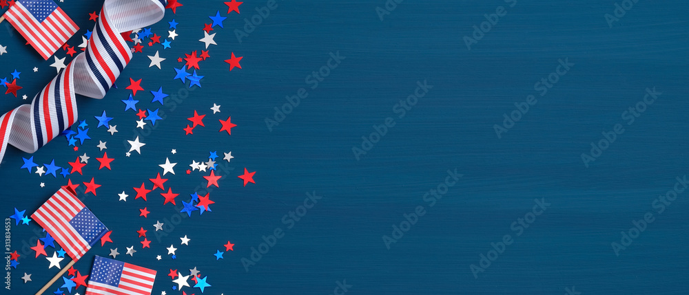 Happy Presidents Day banner with grosgrain ribbon, American flags and confetti stars on blue background. USA Independence Day, American Labor day, Memorial Day, US election concept. - obrazy, fototapety, plakaty 