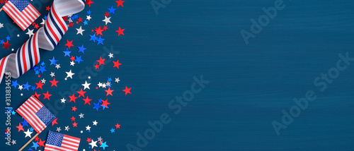 Happy Presidents Day banner with grosgrain ribbon, American flags and confetti stars on blue background. USA Independence Day, American Labor day, Memorial Day, US election concept.