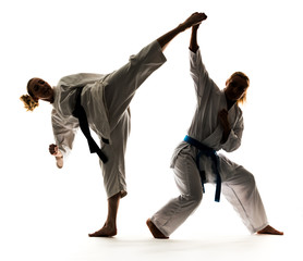 Wall Mural - Two girls in kimono are training karate