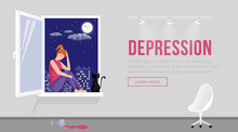 Depression Landing Page Template Illustration. Girl With Sad Face Expression Sitting On Window Sill With Cat Homepage Layout. Cartoon Character In Bad Mood, Anxiety And Tiredness Website Design