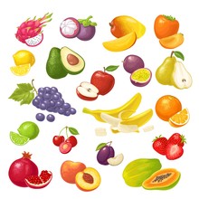 Set Tropical Fruits. Vector Color Flat Illustration Isolated On White