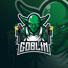 Wall Mural - goblin mascot logo design vector with modern illustration concept style for badge, emblem and tshirt printing. goblin illustration with guns in hand.