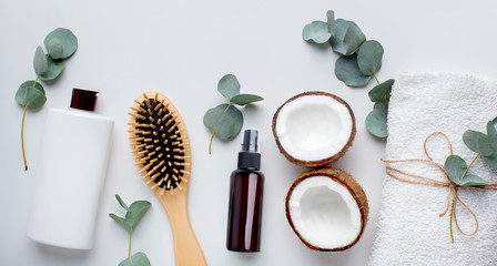 Wall Mural - spa with organic cosmetics with coconut and eco shampoo