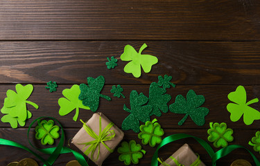 Happy st. Patrick's day. Card with lucky clover.  Irish festival symbol.  concept background with gift. Copy space.