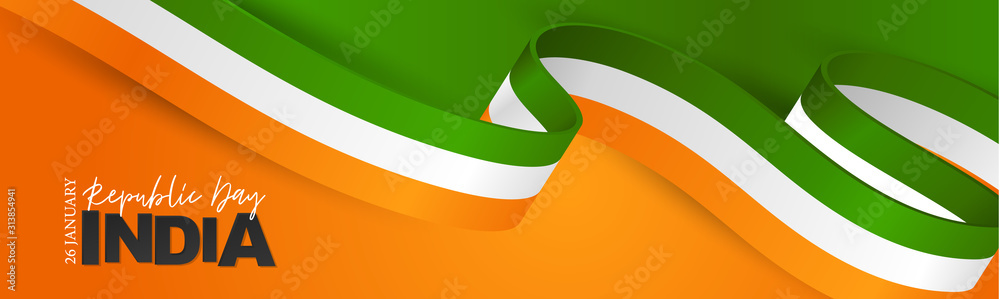India Republic Day banner or header. National Indian holiday design concept with white, orange, and green flag ribbon. Vector illustration. - obrazy, fototapety, plakaty 
