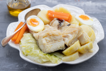 Poster - boiled fish with vegetables and boiled egg on white plate