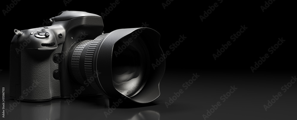 Professional digital camera on black - obrazy, fototapety, plakaty 