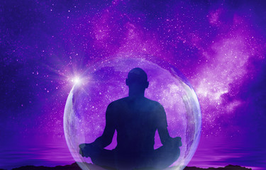 Wall Mural - yoga cosmic space meditation illustration, silhouette of man practicing outdoors at night