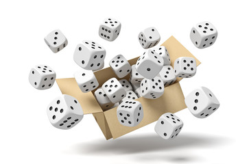 Fototapete - 3d rendering of cardboard box in air full of white dice with black spots which are flying out and floating outside.