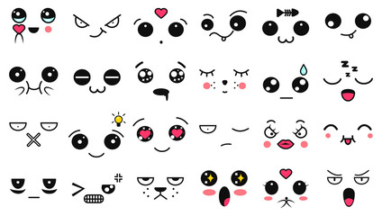 Kawaii cute faces. Manga style eyes and mouths. Funny cartoon japanese emoticon in in different expressions. Expression anime character and emoticon face illustration. Background, Wallpaper.