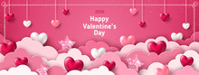 Happy Saint Valentine's Day Card, Horizontal Banner With Paper Cut Clouds And Holiday Objects On Pink Background. Glittering Hearts, Stars And Flowers. Place For Text