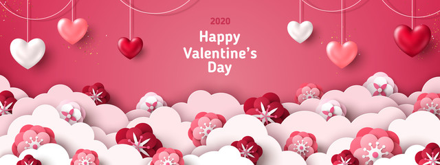 Happy Saint Valentine's day card, horizontal banner with paper cut clouds and holiday objects on pink background. Glittering hearts, stars and flowers. Place for text