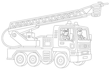 Fire-engine carrying firefighters and equipment for fighting large fires, black and white vector cartoon illustration for a coloring book page