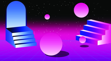 Poster - Retrowave/ vaporwave/ synthwave style illustration with staircase and arch on laser grid with floating in zero gravity spheres above. Surreal retrofuturistic backround.