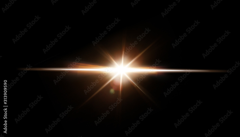 Lens Flare. Light over black background. Easy to add overlay or screen filter over photos. Abstract sun burst with digital lens flare background. Gleams rounded and hexagonal shapes. - obrazy, fototapety, plakaty 