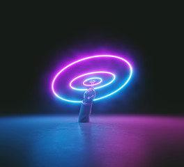 Poster - colorful abstract minimal neon background. mannequin hands with pink and blue glowing round rings. fashion concept. 3d rendering