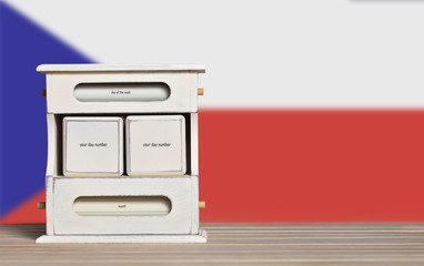 Fototapete - Wooden retro calendar with free space for a date on the background of the Czech Republic flag. Template for writing the dates of Czech national holidays with free text space