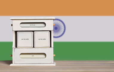 Fototapete - Wooden retro calendar with free space for a date on the background of the flag of India. Template for writing the dates of the national holidays of India with free text space