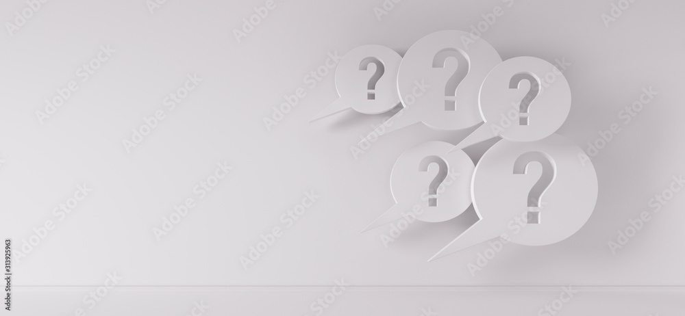 Question mark speech bubbles in front of a white wall - 3D illustration - obrazy, fototapety, plakaty 