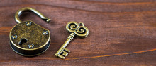 Escape Room Game Concept, Vintage Golden Key And Opened Padlock, Web Banner With Copy Space