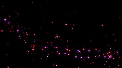 Poster - 4K Flight of pink bokeh particles. Magical shimmering light. Valentines day red intro template. Isolated on black background