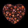 Heart shape made of folk flowers, dots, abstract hearts with golden hue. Valentine's day. Happy Valentine's day greeting card template in heart shape isolated on black background.