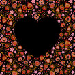 Wedding and Valentine's heart frame made of folk flowers, dots, abstract hearts with golden hue. Romantic motivation invitation card on black background. Stylish design element.