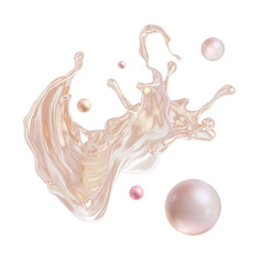 3d render, liquid splash, pearls. Premium cosmetics concept, skin care product ingredients. Splashing wave. Lotion, cream, moisturizer, concealer, oil. Clip art isolated on white background.