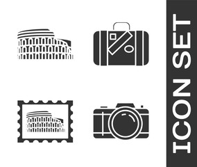 Sticker - Set Photo camera, Coliseum in Rome, Italy, Postal stamp and Coliseum and Suitcase for travel and stickers icon. Vector