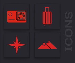 Canvas Print - Set Mountains, Action extreme camera, Suitcase for travel and Wind rose icon. Vector