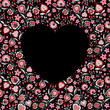 Wedding and Valentine's heart frame made of folk flowers, dots, abstract hearts. Romantic motivation invitation card on black background. Stylish design element.
