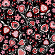 Folk pattern, seamless textile design with hand drawn folk flowers, dots and abstract hearts. Traditional native art decorative ornament on black background.