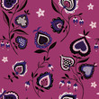 Folk flowers seamless pattern. Flowers and abstract hearts painted for fabric texture. Folk wild nature background. Traditional native art decorative ornament on purple background.