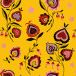 Folk flowers seamless pattern. Flowers and abstract hearts painted for fabric texture. Folk wild nature background. Traditional native art decorative ornament on yellow background.