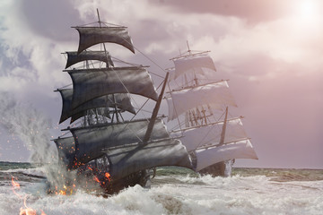 sea battle pirate ship 3d render