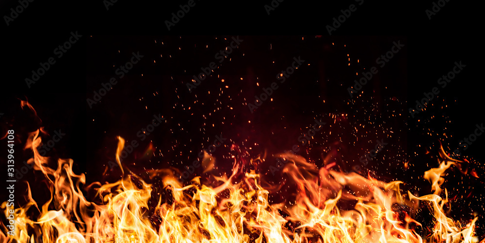 flames of fire on a black background - obrazy, fototapety, plakaty 