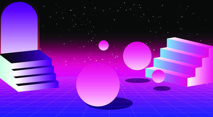Poster - Retrowave/ vaporwave/ synthwave style illustration with staircase and arch on laser grid with floating in zero gravity spheres above. Surreal retrofuturistic backround.