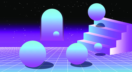 Aufkleber - Retrowave/ vaporwave/ synthwave style illustration with staircase and arch on laser grid with floating in zero gravity spheres above. Surreal retrofuturistic backround.