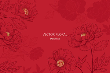 Wall Mural - abstract red peony and gold light gradient lines background vector Illustration for card invite , wallpaper.