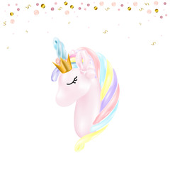 Wall Mural - vector illustration of unicorn 3d bubble with hair and golden crown