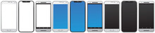 Smart Phone, Same Types Of The Smartphones, Mobile Phones Isolated With Blank, Blue And Black Screens Vector Illustration For The Design Or Cell Phone Mockup   