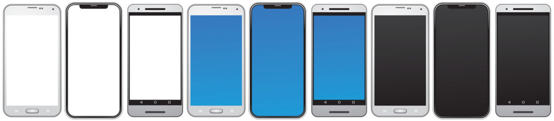 smart phone, same types of the smartphones, mobile phones isolated with blank, blue and black screen