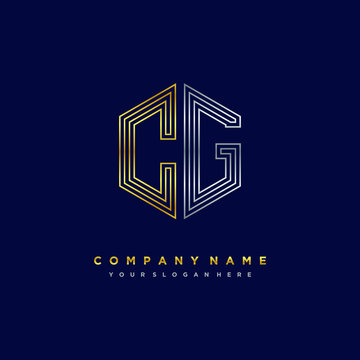 Initial letter CG, minimalist line art monogram hexagon logo, gold and silver color gradation