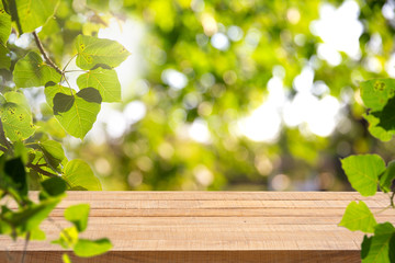 Wall Mural - Empty wooden table with Defocus nature green bokeh, abstract nature background.