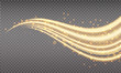 Golden swoosh, magic wave. Gold trail isolated on transparent background. Luminescent waved trail with bright bokeh and sparkles. Swoosh with stradust.