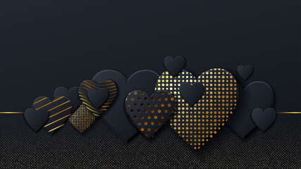 Valentines Day background with black hearts and gold pattern. Gold luxury cover on dark background. Black holidays poster, card, add, header, website, article for valentines day.