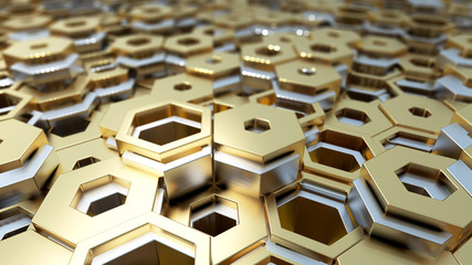 Abstract 3d illustration wall background. White and shiny Hexagonal structure Selective focus macro shot with shallow DOF